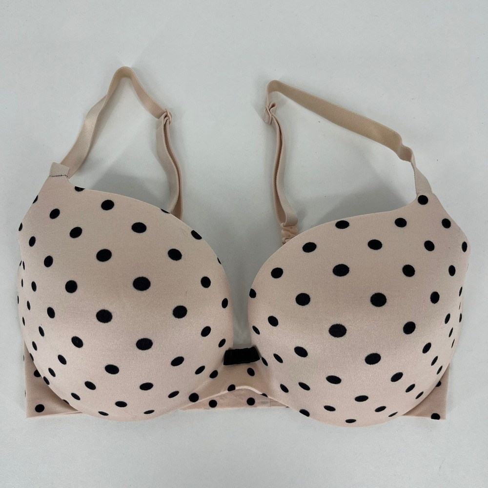 Victorias Secret Lined Demi Bra 34DD Tan Black Polka Dot Adjustable Straps Bow